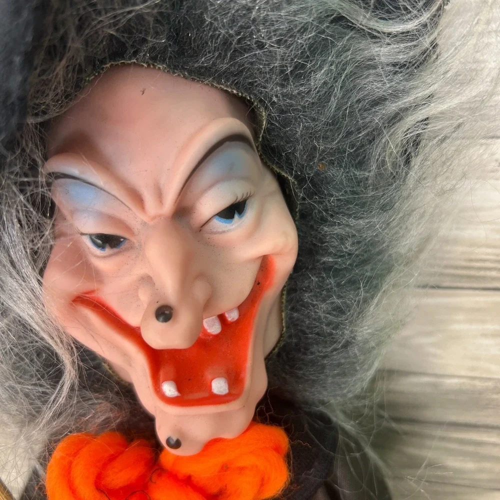 Vintage Witch Doll Handmade Rubber Face Halloween Decoration Folk Art Straw Body
